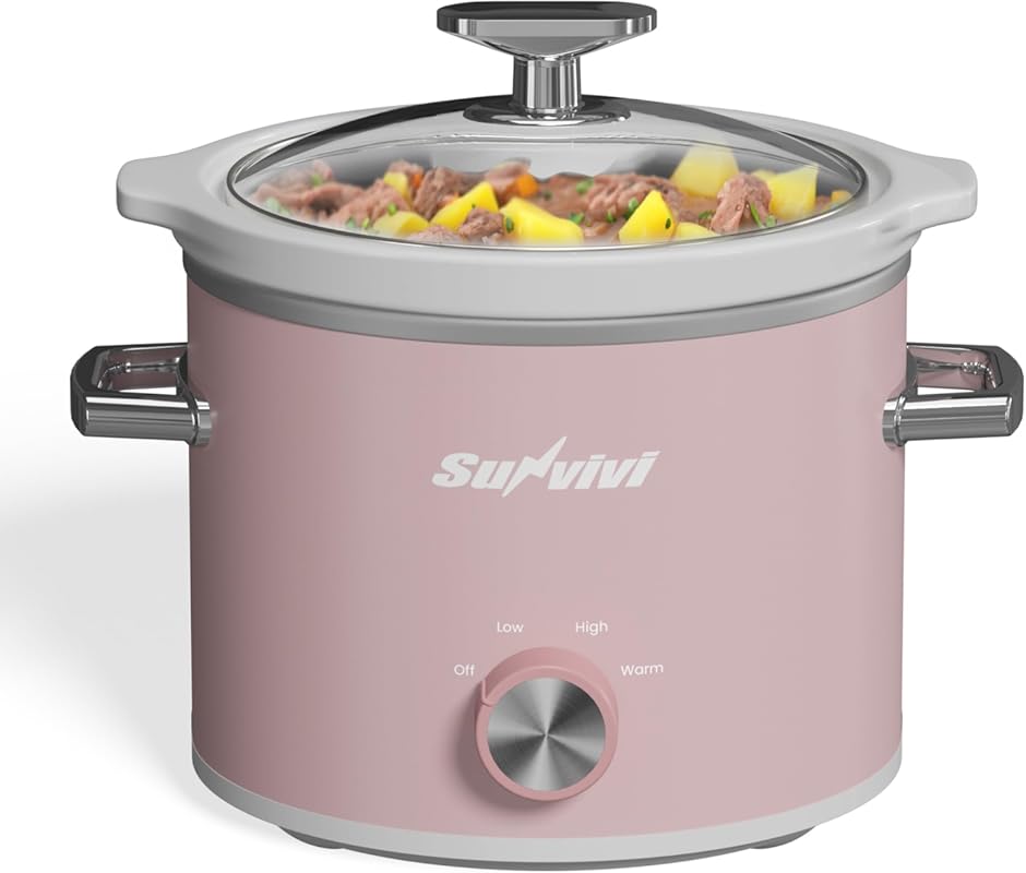 Sunvivi 2 Quart Pink Small Slow Cooker, 3 Heating Settings, Removable