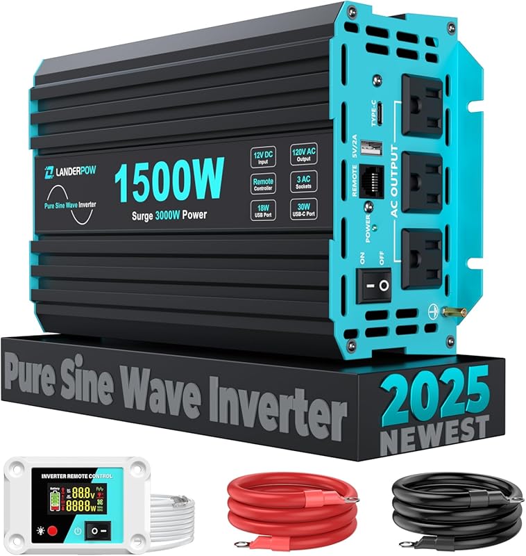 1500W Pure Sine Wave Inverter 12V to 120V AC, USB-C, Remote, Multiple 