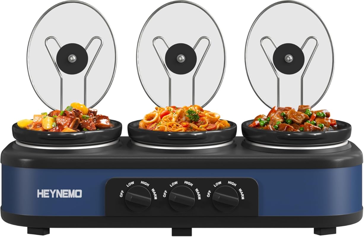 Triple Slow Cooker 3 x 1.5 QT Buffet Servers with Lid Rests and Blue P