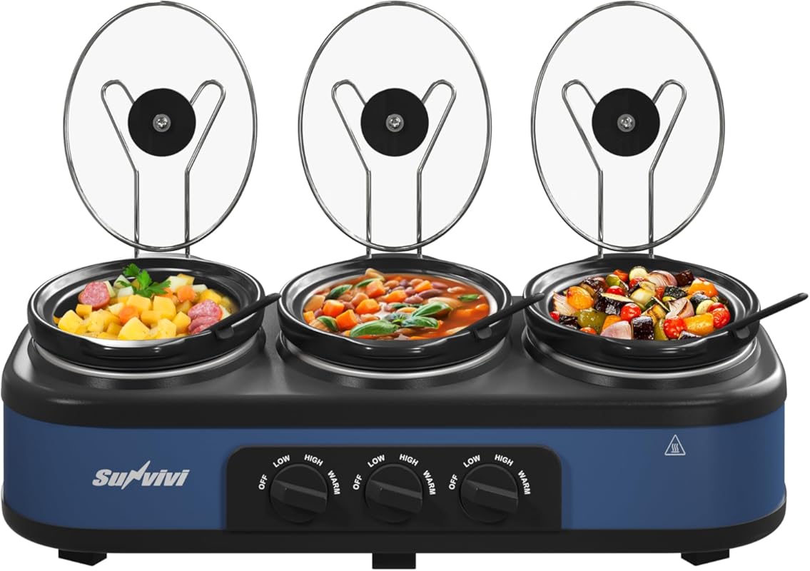 SUNVIVI Triple Slow Cooker Buffet Food Warmer, 1.5 Qt Pots, Stainless Steel, Blue