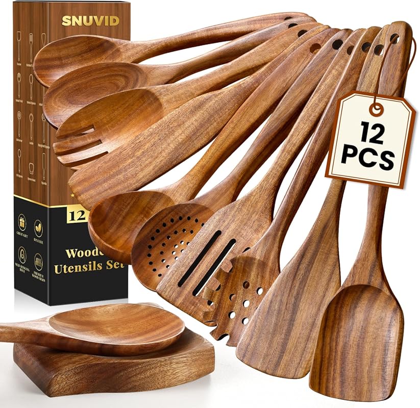 Natural Teak Wood Kitchen Utensil Set with Spoon Rest for Slow Cookers