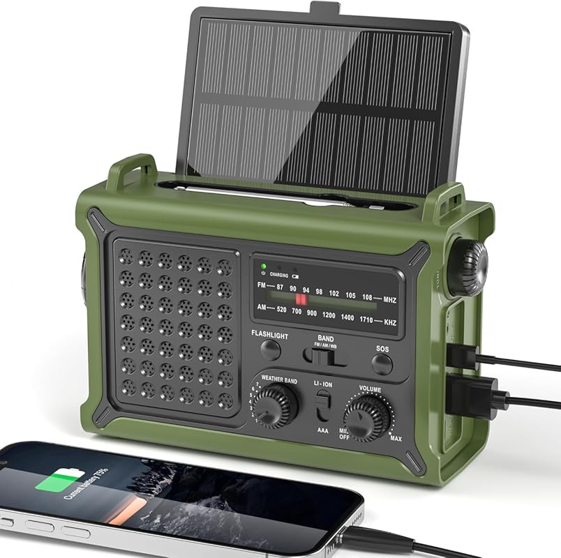 12000mAh Solar Hand Crank Emergency Radio: AM/FM NOAA Weather, LED Fla