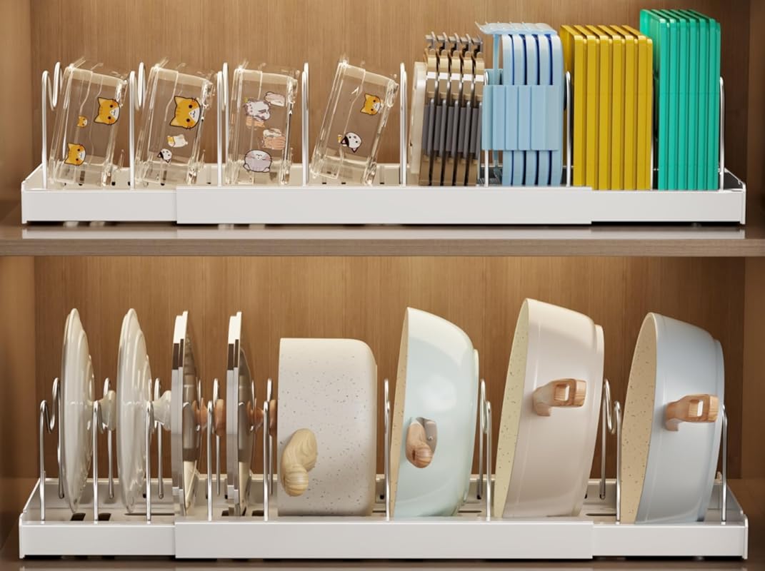 2 Pack Expandable Pots and Pans Organizer with 9 Adjustable Dividers f