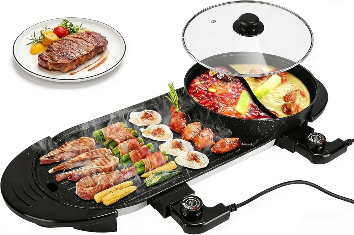 2200W Electric Hot Pot & Korean BBQ Grill: 2-in-1 Smokeless Indoor Coo