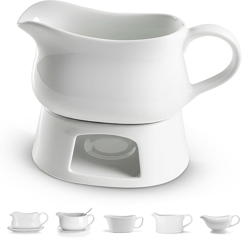 Kook 17 oz White Ceramic Gravy Boat & Warmer, Large Handle, Dishwasher