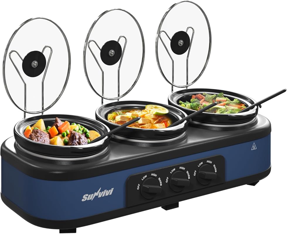 Triple Slow Cooker 3x2.5 QT Buffet Food Warmer with Ceramic Pots, Glas