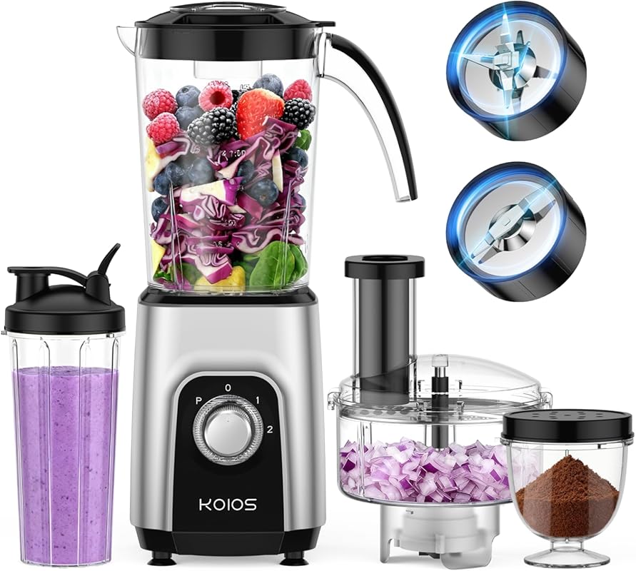 KOIOS 1000W 4-in-1 Blender & Food Processor Combo: Pitcher, Grinder, C