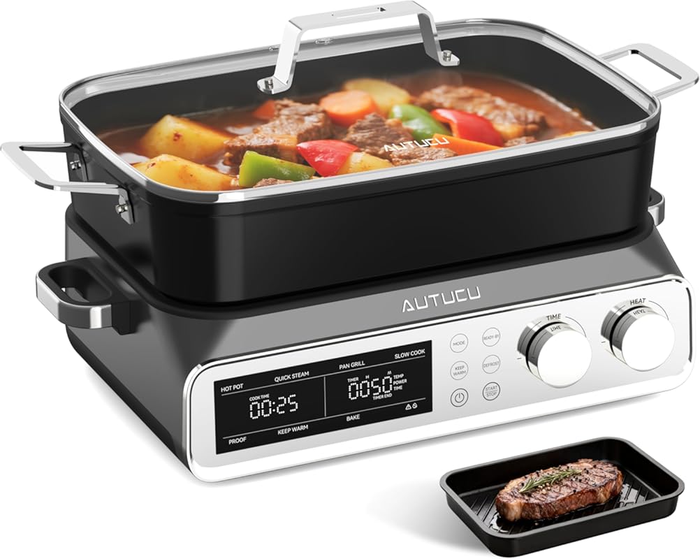 N21NA Pro 10 Quart 8-in-1 Programmable Slow Cooker with Grill Pan & St