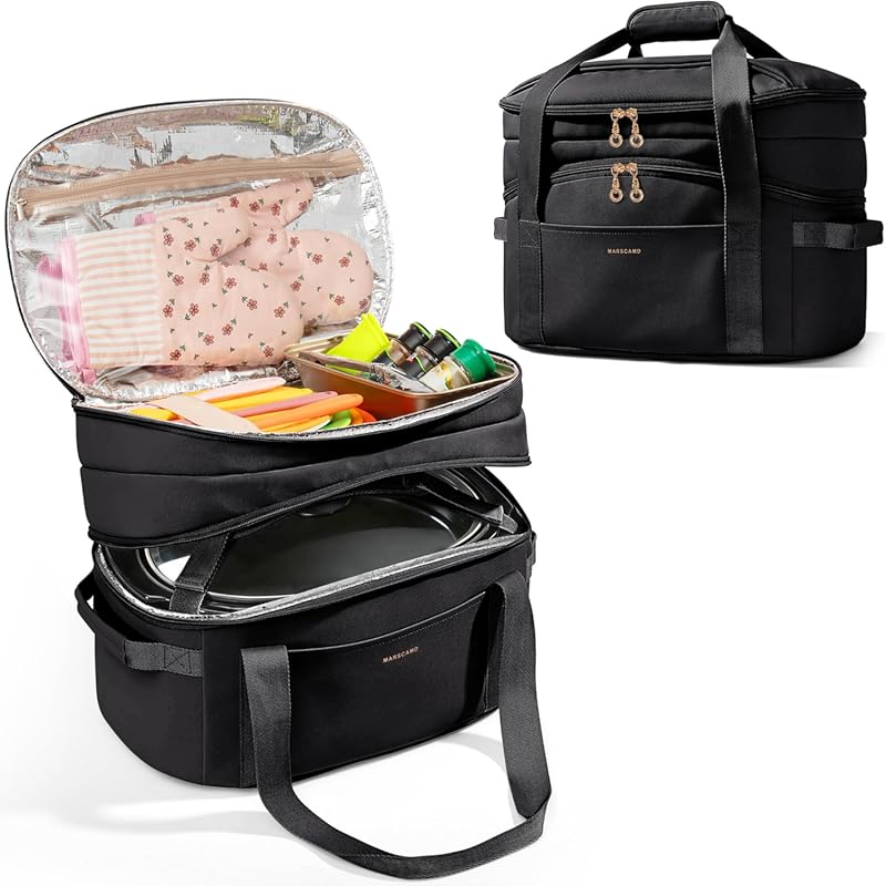 Black Double Layer Insulated Slow Cooker Carrying Bag for 6-8 Quart Cr