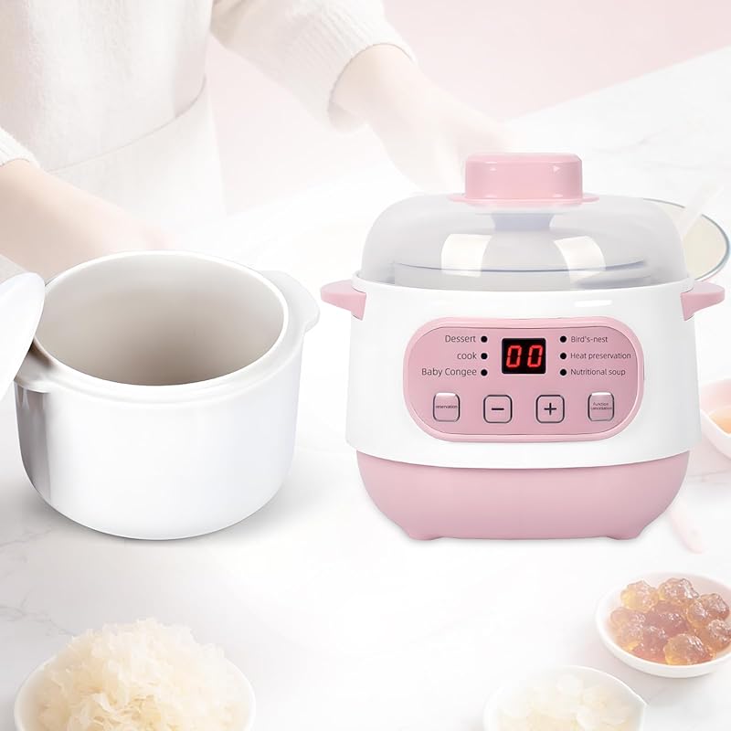 Pink 1L Ceramic Mini Slow Cooker with Steamer, 200W, 24-Hour Timer, Ke