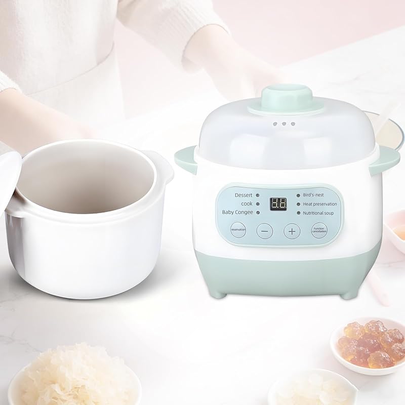 Green 1L Mini Slow Cooker with Steamer Basket, Timer, Auto Keep-Warm, 
