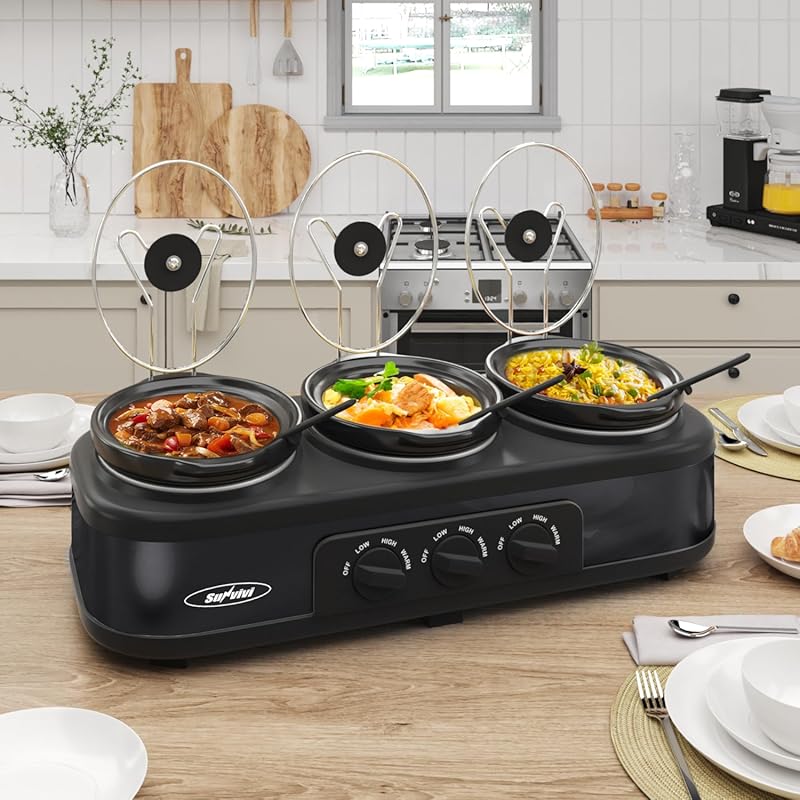 Sunvivi Triple Slow Cooker & Buffet Server with 3 x 1.5 Qt Ceramic Pot