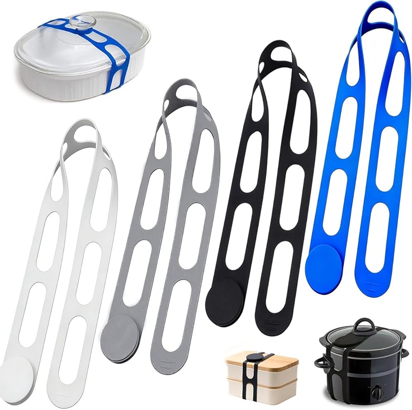 4-Pack Silicone Lid Latch for Crockpots & Pots, Adjustable Elastic Sel