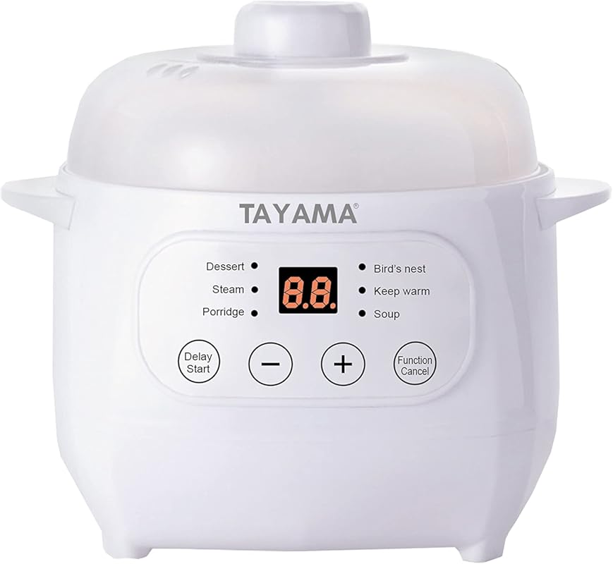 TAYAMA 1 Qt White Mini Ceramic Stew Cooker with Pre-Settings Built-In 