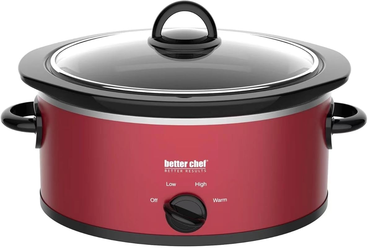 Better Chef 3-Quart Red Oval Slow Cooker with 3 Heat Settings Glass Li